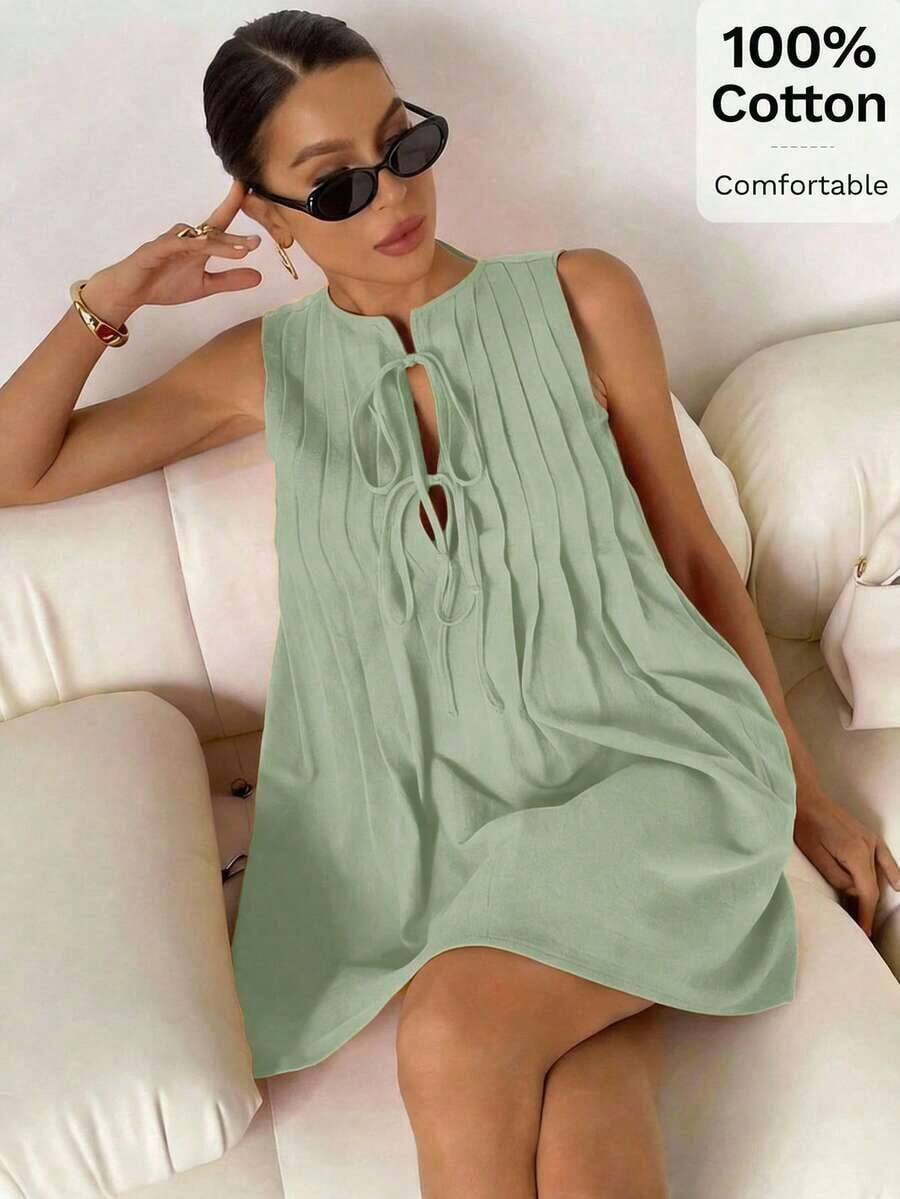 Vestido corto casual y sencillo sin mangas con lazo frontal de unicolor para mujer - verde menta - Ver 1