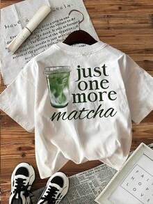 [Impresión a Doble Cara] Camiseta Casual de Moda para Mujer de Primavera y Verano, Estilo Fresco, Estampado de Letras "Ice Drink Just One More Matcha", Cuello Redondo, Manga Corta, Algodón Puro, Ropa de Verano para Mujer C2IS - Blanco - Ver 3