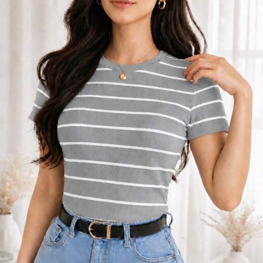 Women's Basic Ribbed Cotton Striped Blouse - Gris - Ver 1