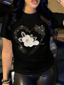 Camiseta de cuello redondo para mujer con estampado floral en forma de corazón, adecuada para el verano, con estampados de mariposas e insectos, casual y dulce, sexy y elegante, ideal para fiestas, sin adornos, fiestas en la playa, vacaciones nocturnas, deportes, oficina, hogar, diseño de corazones otoñales. - Negro - Ver 5