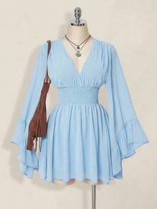 Vestido corto elegante de manga larga con cuello en V y cintura ceñida de unicolor para mujer - Celeste - Ver 3