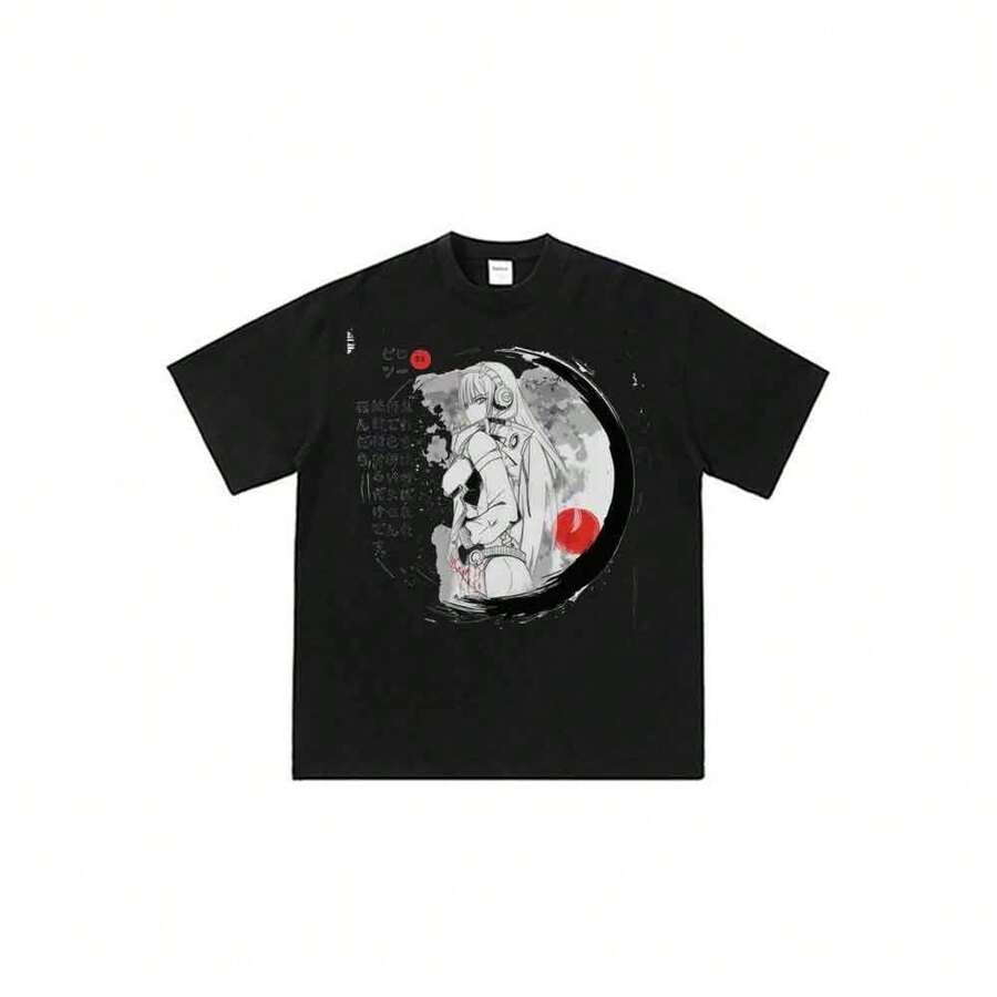 Unisex T-Shirt With Darling In The Franxxss Zero Two Anime Cartoon Print, "Washed Ink" Style. - Black - View 1