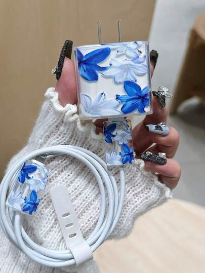 Personalized Blue Lily Flower Pattern Protective Case Compatible With Apple Data Cable, Charger, 13/14/15 Pro Max