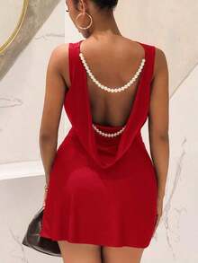 2025 Nuevo vestido mini de línea A con cuello en V sin mangas, cintura fruncida, espalda abierta, decoración de cadena de perlas, de satén elástico, color marrón, adecuado para fiesta de cumpleaños, San Valentín, Halloween, Navidad, vestido de ya - Rojo - Ver 7