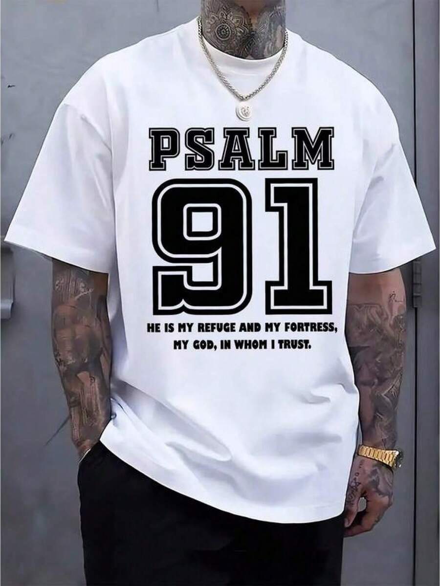 Camiseta Gráfica Religiosa para Hombre con el Salmo 91 - Negra con Estampado de Versículo Bíblico Inspirador en Blanco, Corte Regular, Manga Corta, Cuello Redondo, Estilo Casual de Verano, Lavable a Máquina, Ropa Informal - Blanco - Ver 1
