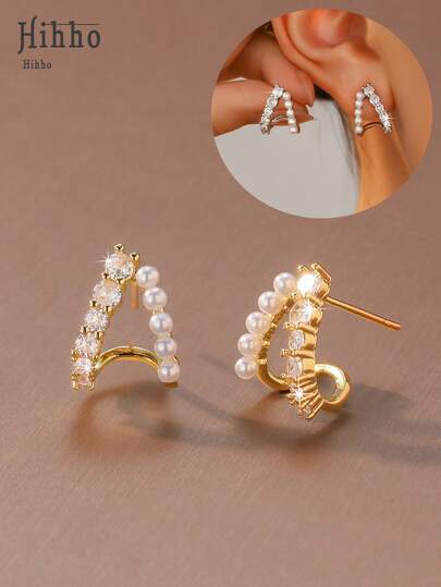 Hihho 1 Pair Asymmetric Double-Track Design Letter A Faux Pearl Stud Earrings, Suitable For Casual Daily Wear With Shirts, Sweaters, Dresses And More