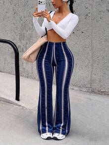 Women's Plus Size Black & Grey Paisley Striped High Waist Flare Leggings, Y2K Streetwear Trousers, Sexy Daily Outfits - 黑色+藍色 - 查看 7