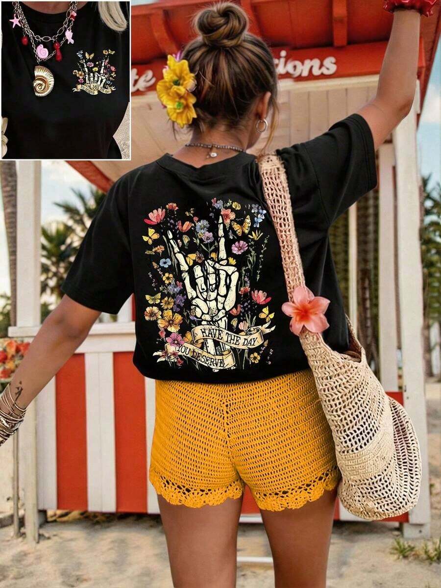 Women's Plus Size Short Sleeve T-Shirt With Round Neck, Loose Fit, Casual - 黑色 2 - 查看 1