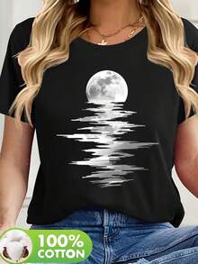 Camiseta de manga corta negra con cuello redondo y estampado de reflejo lunar para mujer, corte casual regular y tejido de punto ligeramente elástico. - Negro - Ver 2