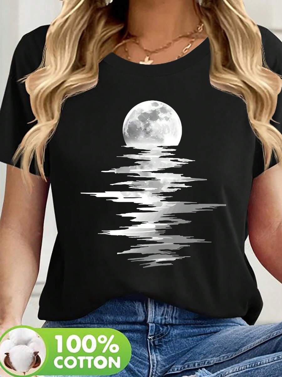 Camiseta de manga corta negra con cuello redondo y estampado de reflejo lunar para mujer, corte casual regular y tejido de punto ligeramente elástico.