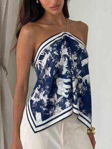 Blusa de mujer elegante con cuello de halter, estampado de tinte anudado y gasa para vacaciones en la playa - Azul marino - Ver 8