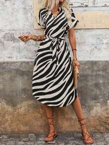 Women's V-Neck Zebra Print Fashion Date Party Dress - Multicolor - View 2