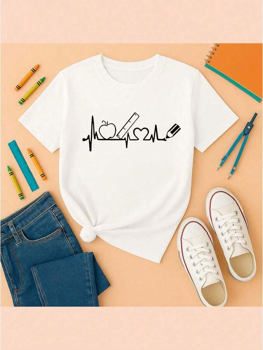 Playera casual de poliéster para mujer con estampado gráfico de dia del maestro , camiseta de punto de manga corta con cuello redondo para primavera y veranoPure-Cotton - Blanco - Ver 1