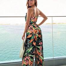 VCAY Tropical Print High Waist Camisole Jumpsuit, Suitable For Vacation & Beach,Summer Outfits For Women,Beachwear,Easter,Beach Outfits For Woman,Spring Break,Vacation Outfits Women,Concert Outfit Women,Rave Outfits Festival,Rave,BOHO,Music Festival,Tropical Vacation Woman Clothes - Negro - Ver 3