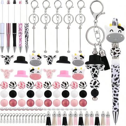 5 Set Plastic Bead Pen Beaded Pens Kit Beadable Keychains With Wooden Beads Lobster Clasps Tassels Spacer Beads Beaded Keychains Beaded Pen For Schools Office Supplies(Dairy Cow)