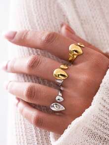 Uself 3 pezzi/1 pezzo Set di anelli a goccia asimmetrici placcati in oro 18K in acciaio inossidabile 304, anelli con apertura irregolare lucidati, adatti per uso quotidiano, feste, regali per le vacanze per le donne, gioielleria da donna, gioielleria occidentale, marchio da donna - Multicolore - Visualizzare 6