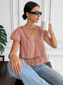 Blusa suelta de unicolor con contraste de encaje y lazo en la espalda para mujer - Rosa - Ver 2