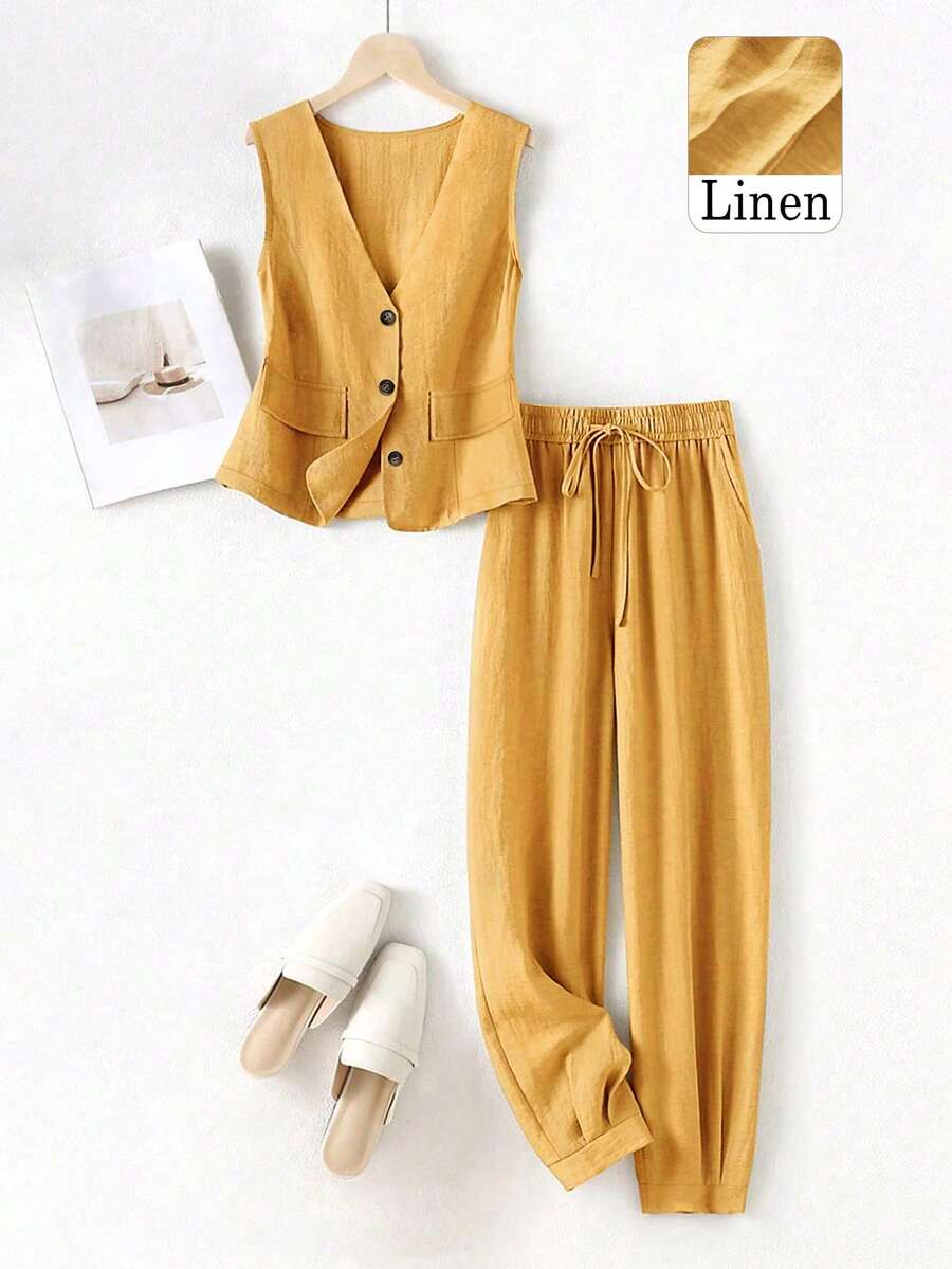 Women's Casual Linen Blazer Vest And Pants Set, Spring/Summer - Ginger - View 1
