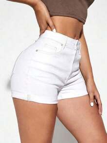 Shorts vaqueros casuales con bolsillos y puños para mujer - Blanco - Ver 3