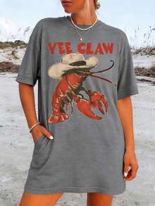 Camiseta de Vaquero con Langosta, Camiseta Divertida con Garra de Langosta, Camiseta de Playa Estilo Western, Camiseta de Verano para Mujer con Estampado de Chica Tomate, Camiseta Casual de Manga Corta de Talla Grande para Mujer, Camiseta Holgada con Estampados de Moda para Todas las Temporadas, Camiseta para Amigas y Familiares en Fiestas, Vacaciones, Acción de Gracias, Halloween, Día de San Valentín, Uso Diario, Unisex - Gris - Ver 1