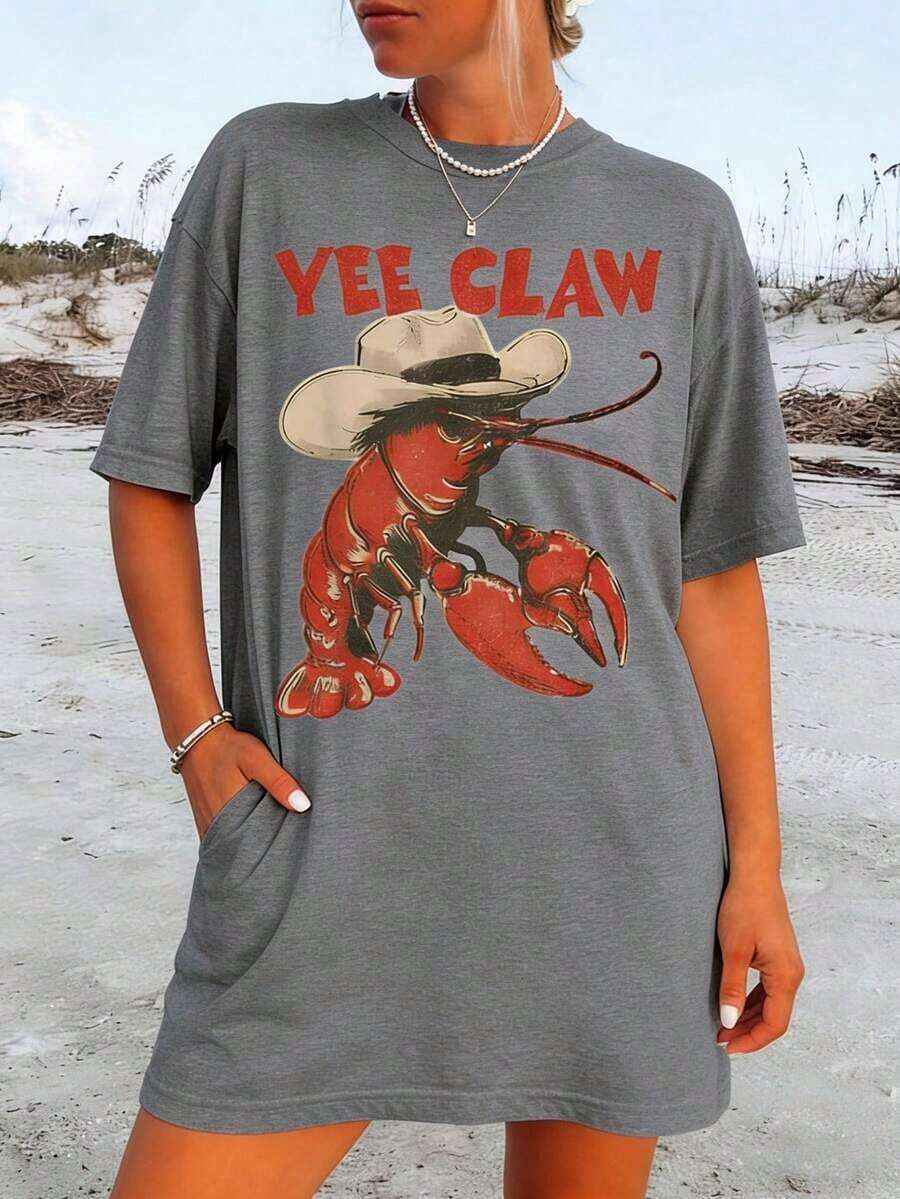 Camiseta de Vaquero con Langosta, Camiseta Divertida con Garra de Langosta, Camiseta de Playa Estilo Western, Camiseta de Verano para Mujer con Estampado de Chica Tomate, Camiseta Casual de Manga Corta de Talla Grande para Mujer, Camiseta Holgada con Estampados de Moda para Todas las Temporadas, Camiseta para Amigas y Familiares en Fiestas, Vacaciones, Acción de Gracias, Halloween, Día de San Valentín, Uso Diario, Unisex - Gris - Ver 1