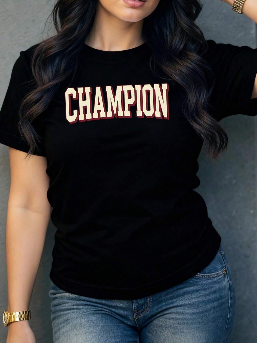 Text With The Word CHAMPION Symbolizing Strength, Overcoming Challenges And Personal Pride, Inspiring You To Achieve Your Goals With A Winning Attitude. Casual, Comfortable And Modern Women's T-Shirt. - 黑色 - 查看 1