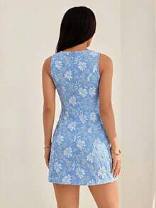 Vestido ajustado mini sin mangas de jacquard elegante y vintage, color verde - Azul - Ver 2