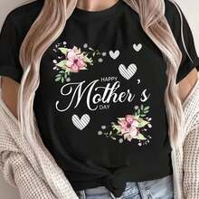 1 pcsCamiseta Negra para Mujer con Estampado de Flores y Corazones Feliz Dia de la Madre Regalo Ideal para Madres y Abuelas Estilo Casual Moderno180g 100% Cotton - Negro - Ver 7