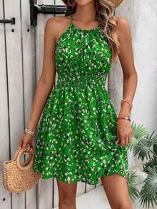 Vestido de moda para mujer sin mangas con cuello halter y estampado - Verde Claro - Ver 4