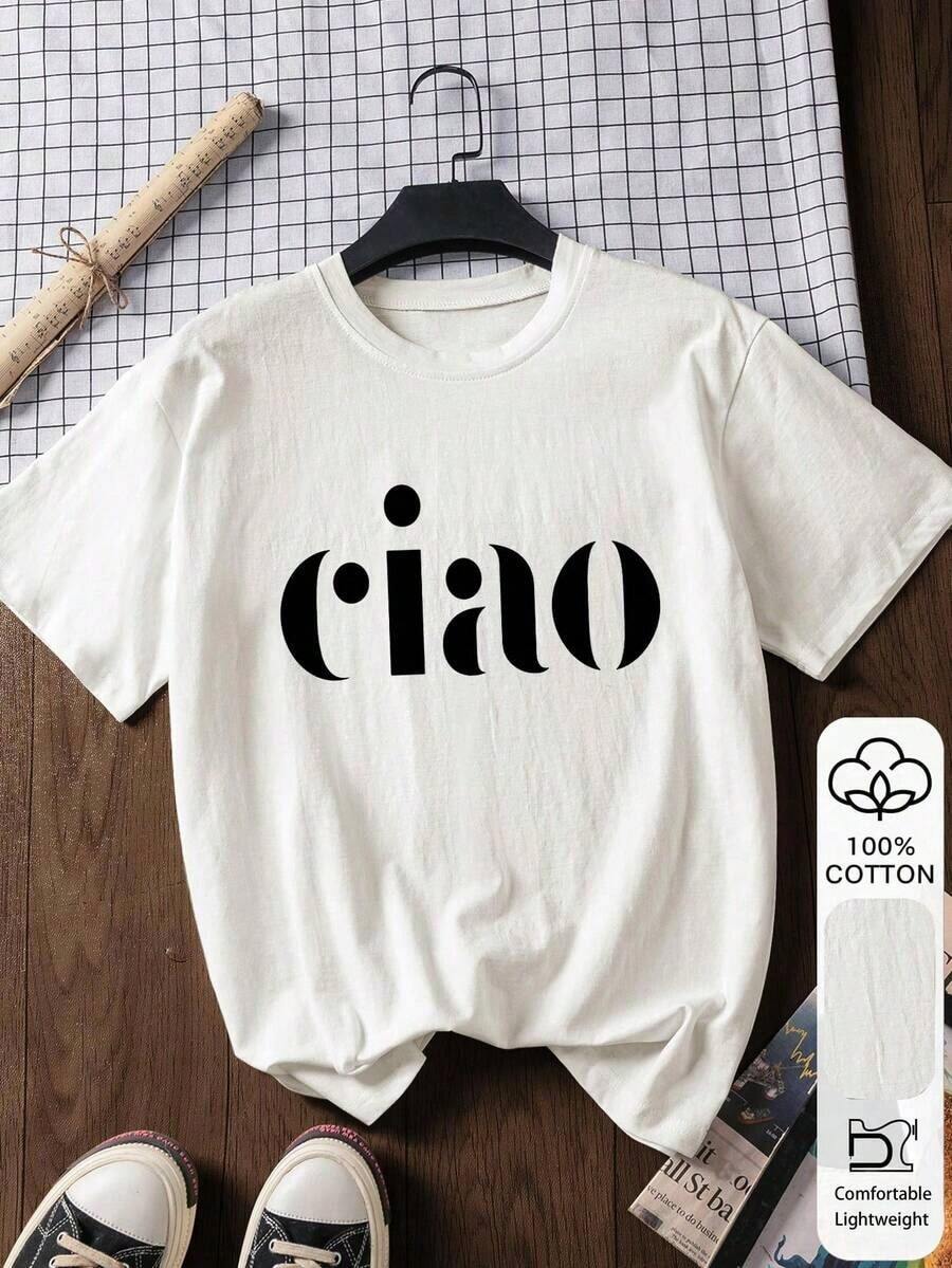 Women's Loose-Fitting T-Shirt With A Round Neck And Exquisite Print. Soft And Breathable Fabric, Comfortable To Wear, And Short Sleeves. Casual And Relaxed Fit, Versatile Style. Made From High-Quality 100% Pure Cotton (200 G). - 白色 - 查看 1