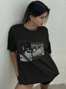 Camiseta de mujer de manga corta y cuello redondo holgada con estampado de letras, camiseta gráfica de verano oversize, top preppy - Multicolor - Ver 5