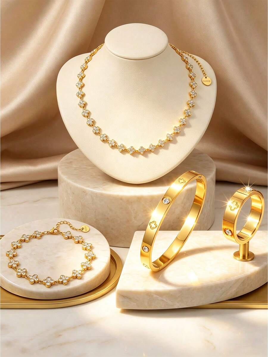 Camhanno 4/1件組優雅不鏽鋼珠寶套組，百搭4件式休閒外出飾品，生日與節日完美驚喜禮物 - 金色 - 查看 1