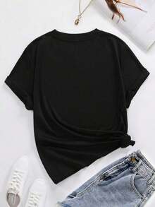 SimpieAndVersatileDesignCamiseta Cuello Redondo Manga Corta Estampado Patron Turquesa MujerCottonT-Shirt - Negro - Ver 2