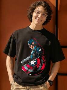 Marvel Shield Pose Graphic T Shirt 100 Percent Cotton Shirts For Men    Universe  Superhero Men's Summer Outfits Men's Clothes Mens Tops Streetwear Mens Gift Ideas Innerwear Or Outfits,Mens Fashion - màu đen - Xem 1