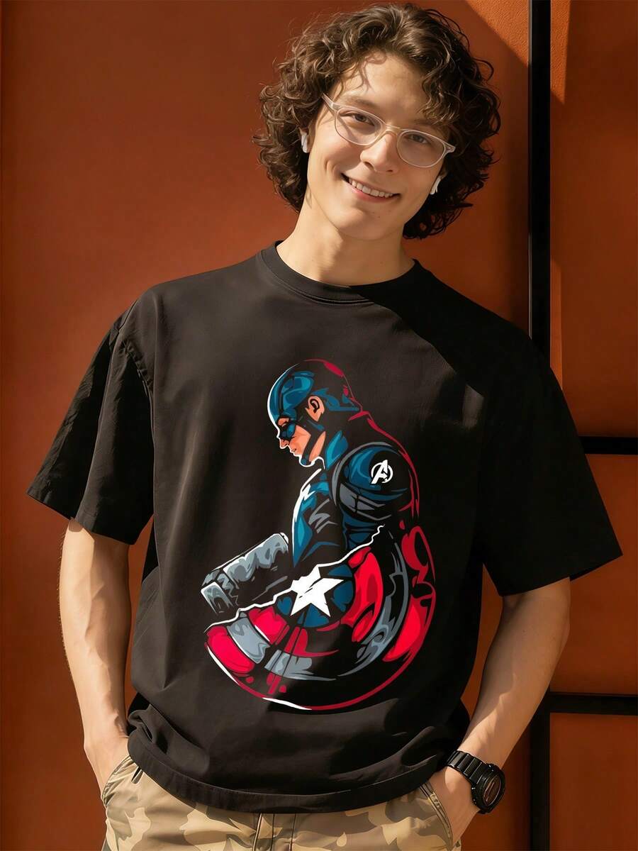 Marvel Shield Pose Graphic T Shirt 100 Percent Cotton Shirts For Men Universe Superhero Men's Summer Outfits Men's Clothes Mens Tops Streetwear Mens Gift Ideas Innerwear Or Outfits,Mens Fashion - màu đen - Xem 1