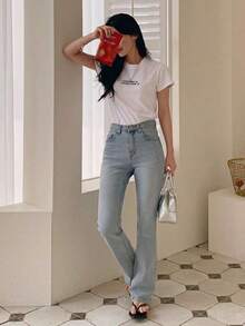 Camiseta de manga corta de verano con cuello redondo y estampado de  para mujer, con el eslogan "LA FELICIDAD ES EL MEJOR MAQUILLAJE". - Blanco - Ver 7