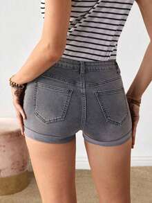 Denim Shorts With Zip-Up Hem And Folded-Down Front - Bronze - View 2