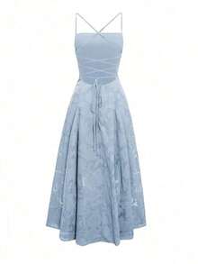 Vestido de verano sexy y elegante para mujer de Unadoll, con cinturón de cordón en la cintura y diseño sin espalda, hecho de tela jacquard, adecuado para vacaciones, playa, citas, vuelta al colegio, bodas, fiestas y otras ocasiones - Azul - Ver 4