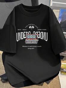 Camiseta de puro algodón de manga corta con estampado y texto de consola de videojuegos, prenda superior casual de uso diario para hombre y mujer - Negro - Ver 1
