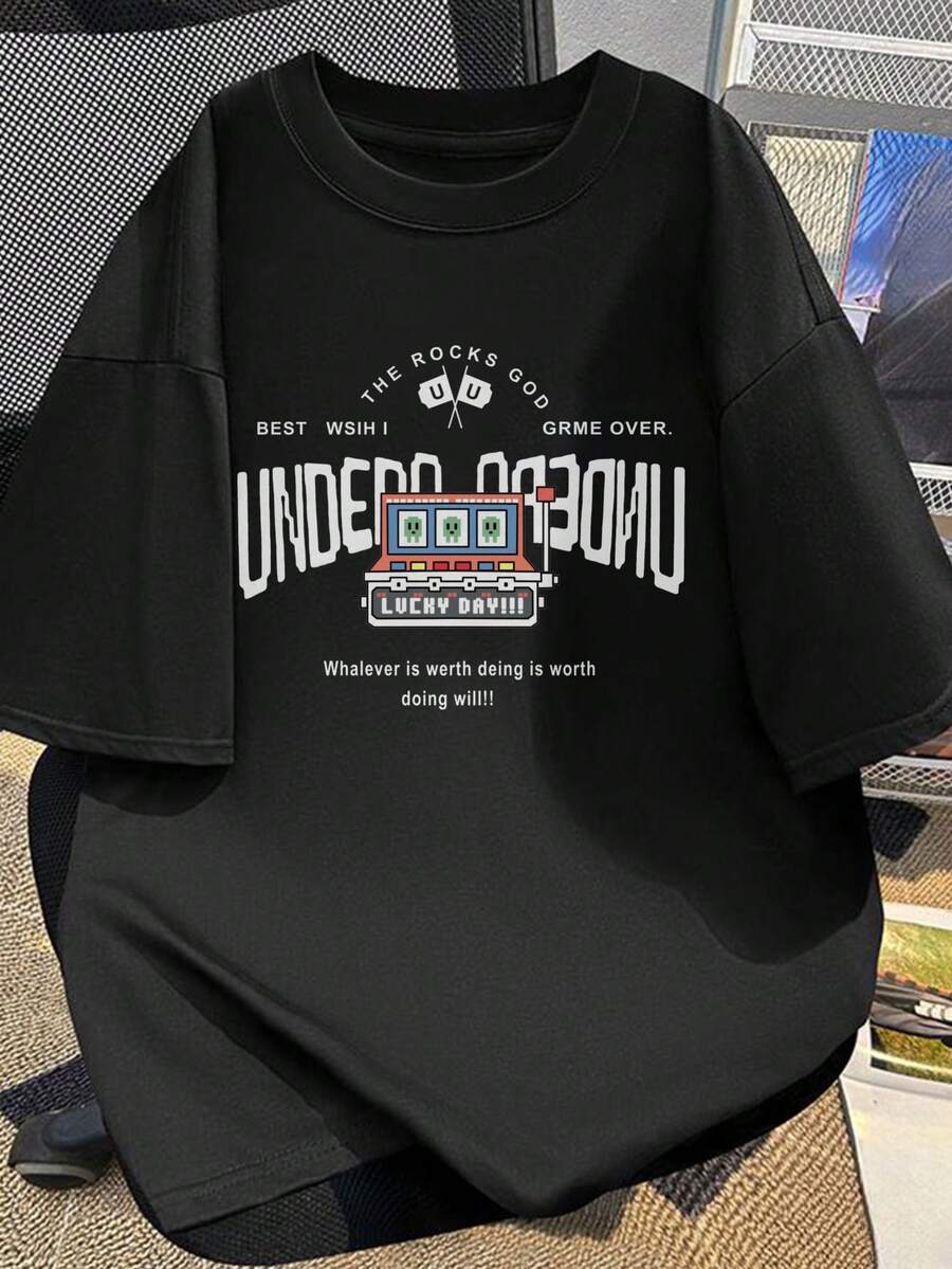 Camiseta de puro algodón de manga corta con estampado y texto de consola de videojuegos, prenda superior casual de uso diario para hombre y mujer - Negro - Ver 1