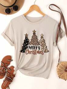 Solt 1pscSHEIN 1 pieza Camiseta de mujer de manga corta, cuello redondo, estampado de línea de rostro, informal, para primavera y verano100%cotton graphic - Albaricoque - Ver 6