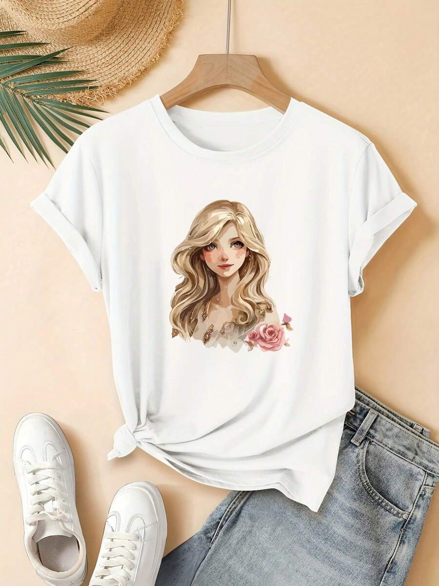 Camiseta de mujer, estilo regular de manga corta - diseño geométrico 2D de una chica rubia con estampado de rosas, top casual de manga corta y cuello redondo adecuado para todas las estaciones, disponible en varios colores y tallas, moda de vacaciones, estética retro, material transpirable, estampado divertido. - Blanco - Ver 1