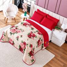 Colcha Cobre Leito Casal 3 Peças Dupla Face Matelado Estampado - Alice - FLOR VERMELHA - Visão 1