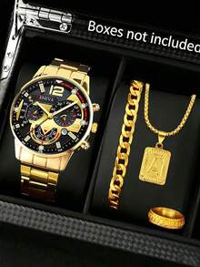 Set de 4 piezas: Reloj de cuarzo de moda para niño, emparejado con pulsera de eslabón cubano de estilo nuevo, collar con colgante de letra A y anillo, estilo hip-hop, gran opción de regalo - Dorado - Ver 2