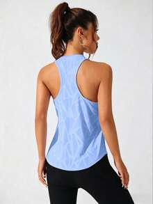 1pc Women's Summer Sports Vest, U-Back Geometric Jacquard Ice Blue Breathable Quick-Dry Fabric, Fashionable Casual Slim-Fit Versatile, Suitable For Outdoor Yoga, Fitness, Running, Climbing, Fishing Sports Top - Blue - View 4