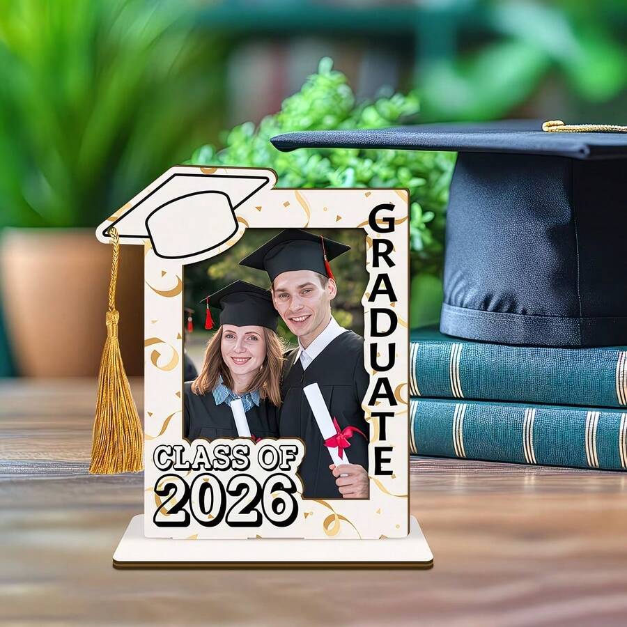 Boho Style Polished Wooden Graduation Photo Frame With Tassel Decor And Mortarboard Design - Vertical Desktop Frame, Suitable For 2026 Graduation Certificate Display, Graduation Cap Decoration Gift, Graduation Party Decor, Random Tassel - A - View 1