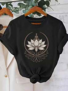 Short-Sleeved T-Shirt With Round Neck And Lotus And Zen Symbol Print, 100% Cotton, Breathable And Slightly Stretchy, Casual Top For Spring And Summer - Regular Fit Women's Clothing. - 黑色 - 查看 1
