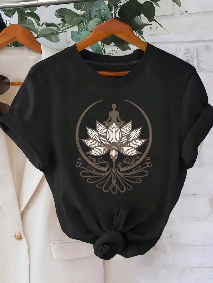 Short-Sleeved T-Shirt With Round Neck And Lotus And Zen Symbol Print, 100% Cotton, Breathable And Slightly Stretchy, Casual Top For Spring And Summer - Regular Fit Women's Clothing. - 黑色 - 查看 1