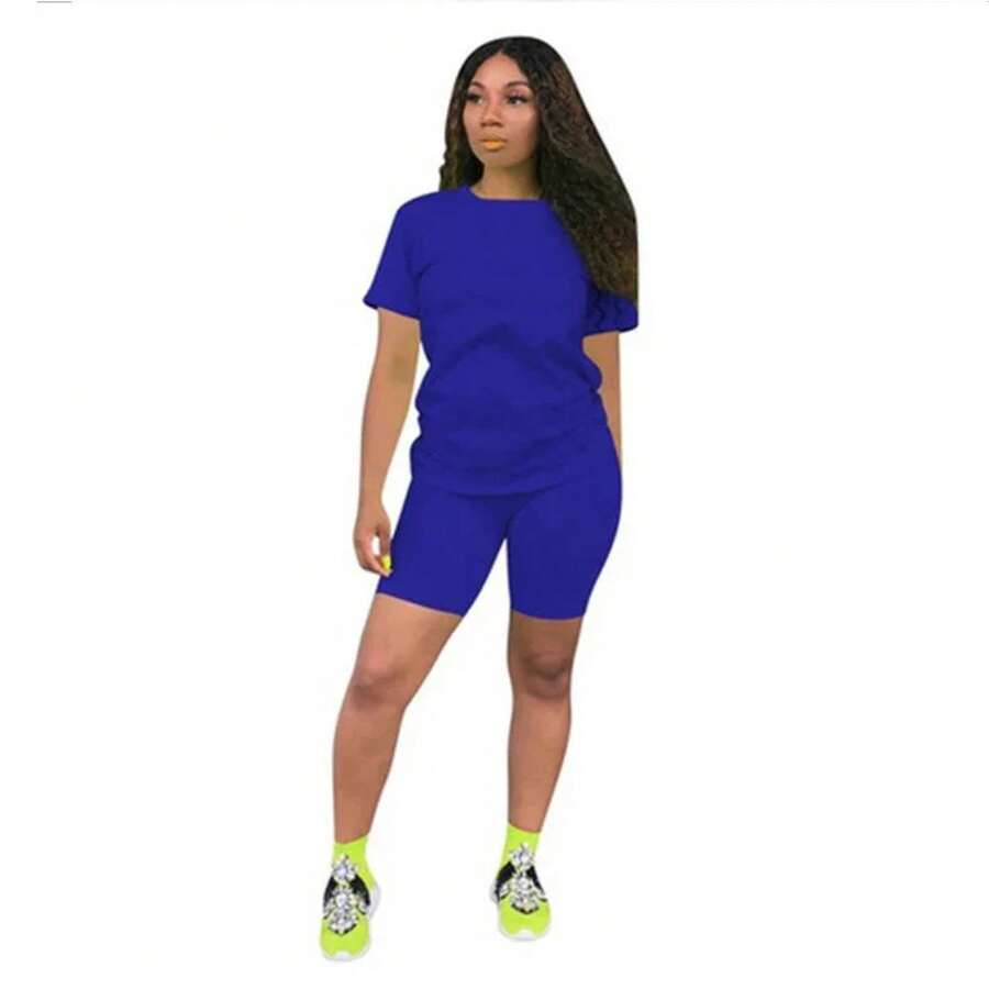 Chándal de Color liso para mujer, Conjunto de camiseta de alta calidad y pantalones cortos, traje de Jogging de lujo informal de verano, 2 piezas - Azul - Ver 1