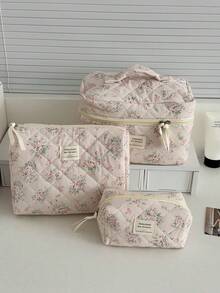 大号绗缝花卉化妆包套装，丝带花束设计，棉质化妆包，女士花卉旅行洗漱包 - 藕粉色 - 查看 1